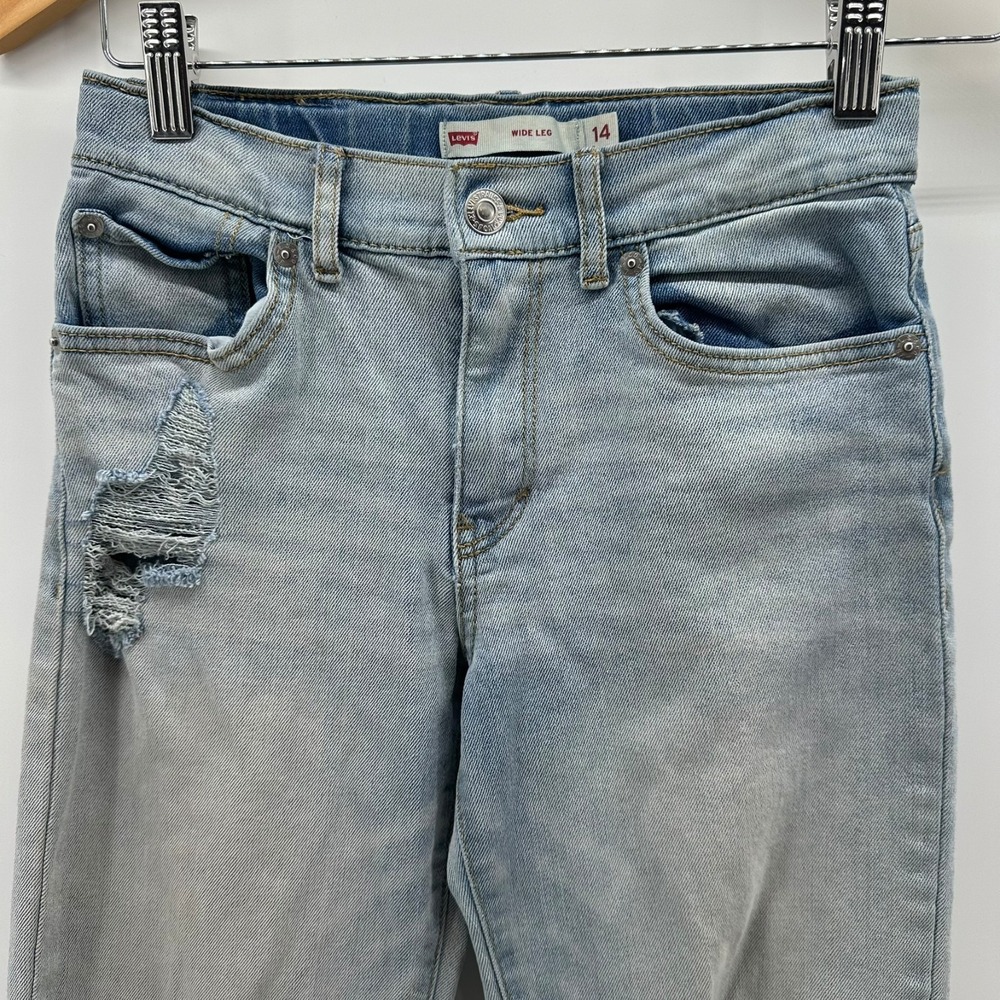 Levi's Wide Leg Jeans Girls 14 Reg Light Blue Denim High Rise Stretch Distressed